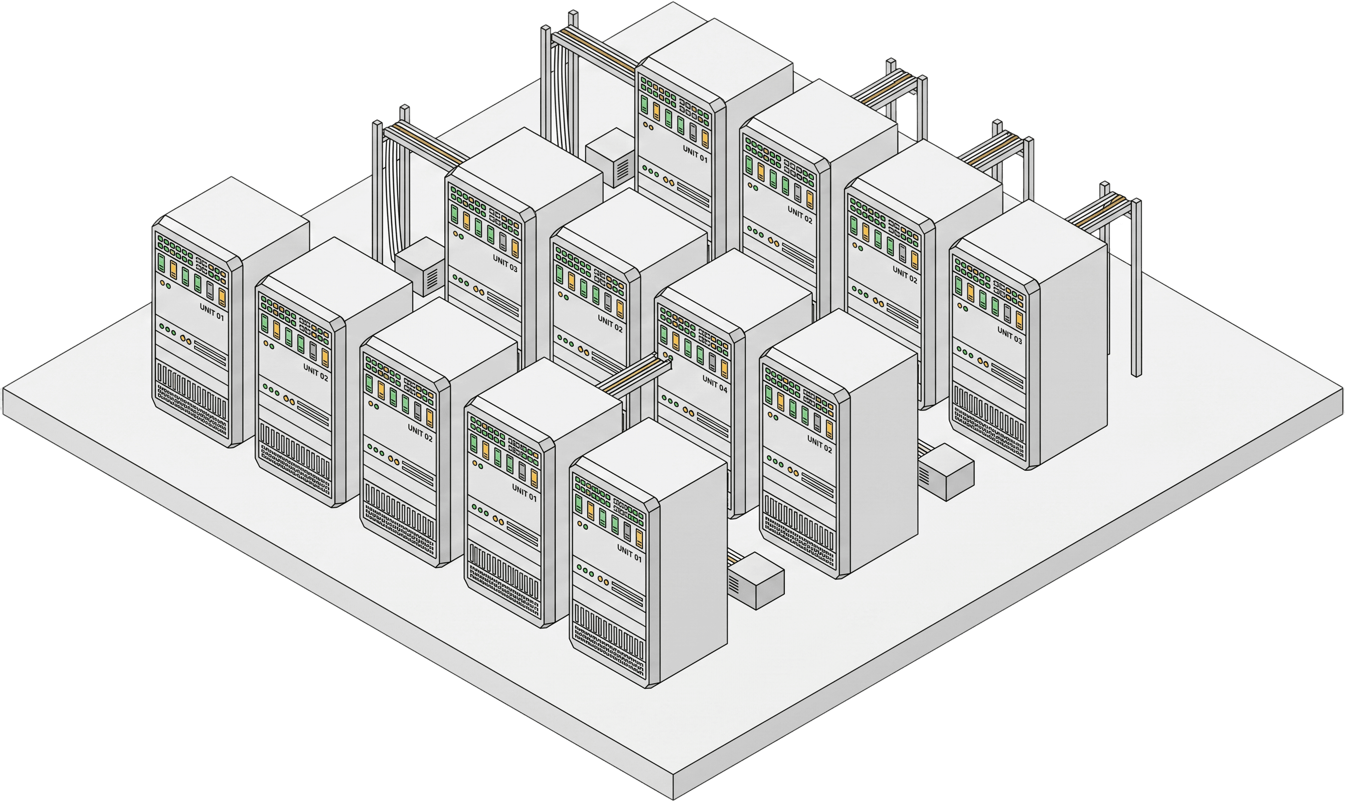 Isometric grid of GPU server racks with liquid-cooled cold plates.