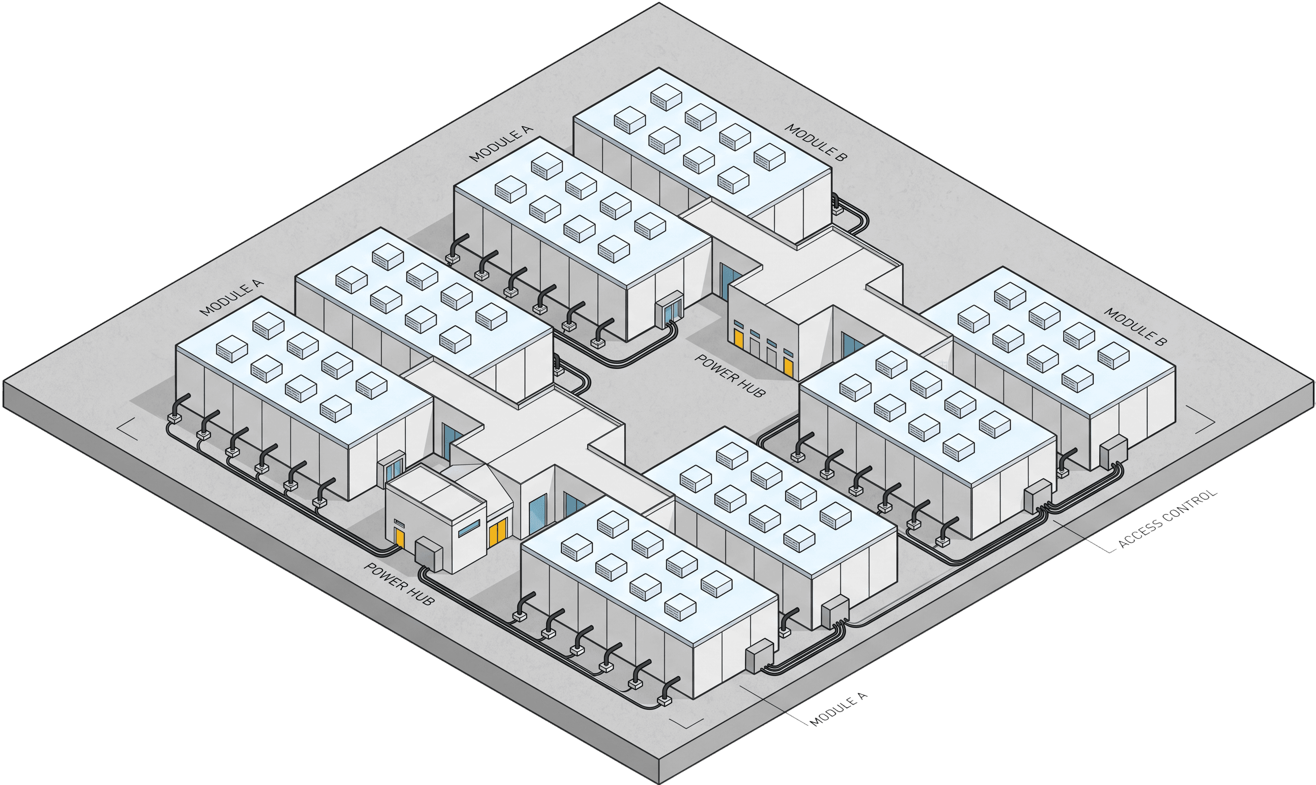 Modular data center campus with figures and storage elements on the platform.