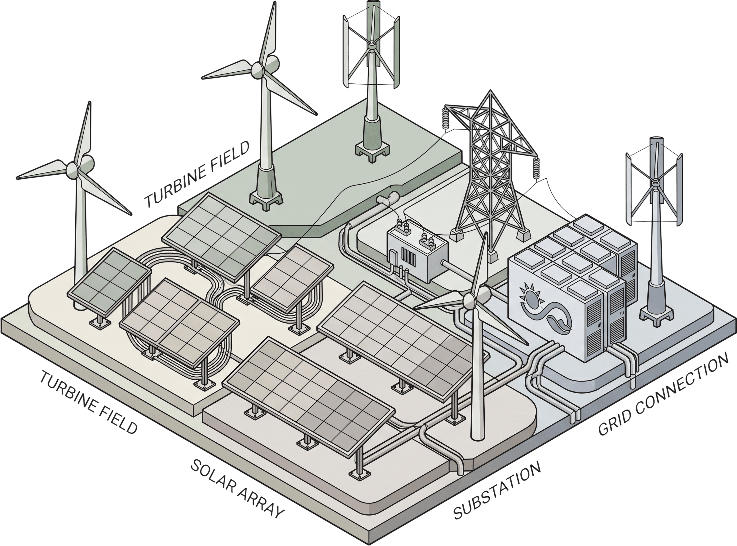 Solar arrays, wind turbines and substations powering the infrastructure.